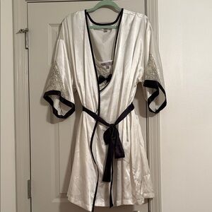 Elegant White Satin Robe and nighty with Black Trim